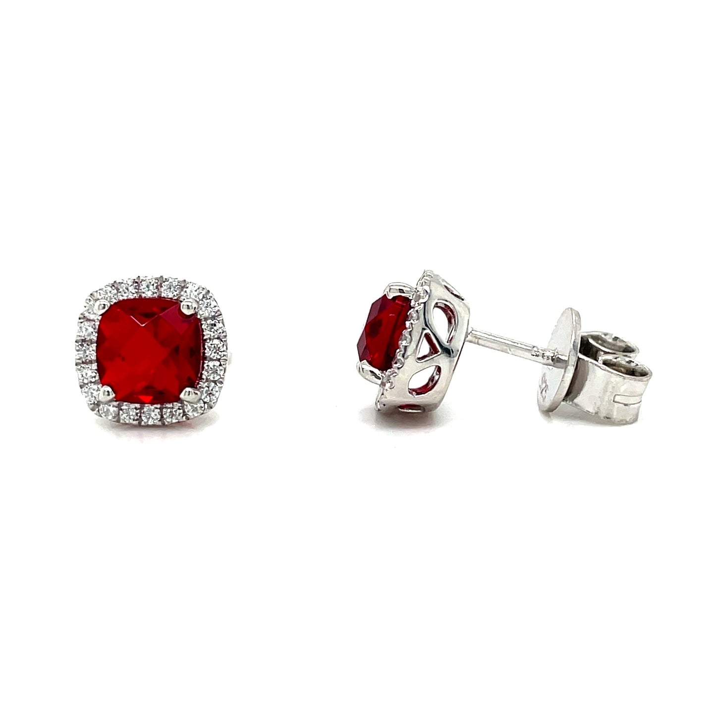 Sterling Silver Red and White CZ Cushion Cluster Earrings