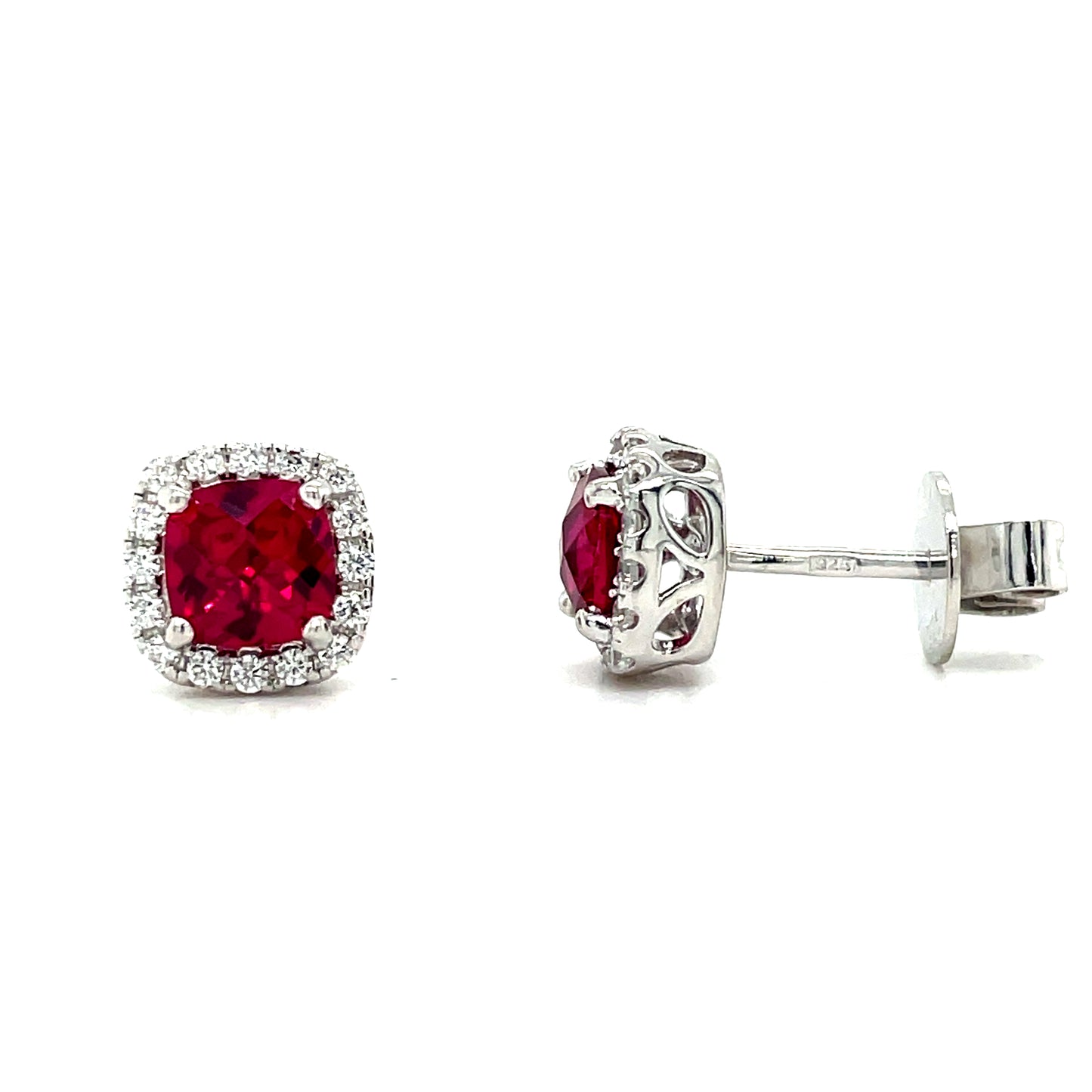 Sterling Silver Red and White CZ Cushion Cluster Earrings