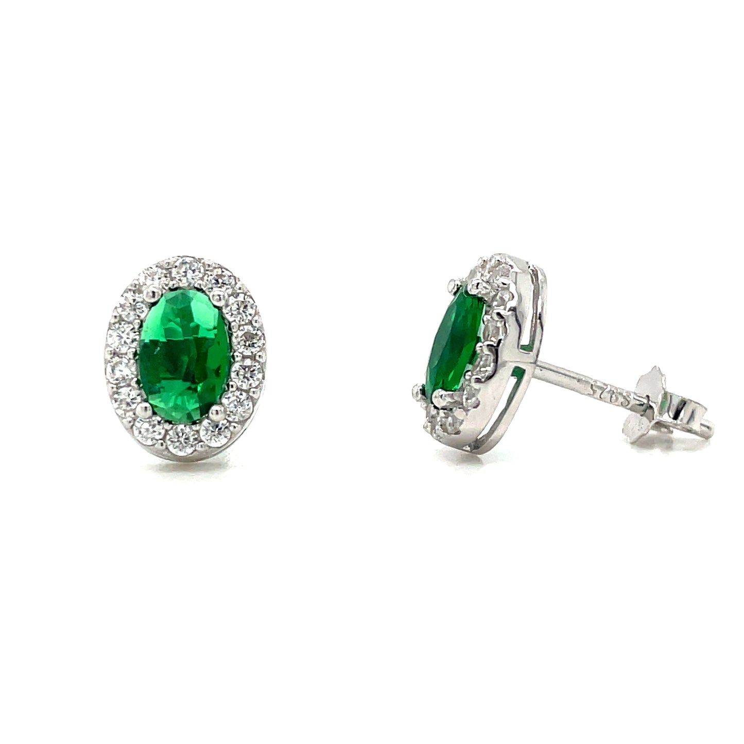 Sterling Silver Green and White CZ Cluster Stud Earrings
