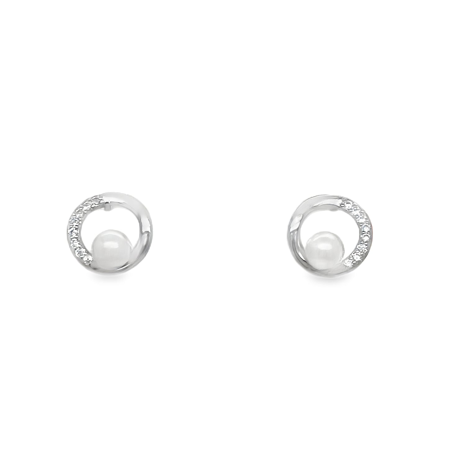 Sterling Silver Polished and CZ Open Circle Pearl Earring and Pendant Set