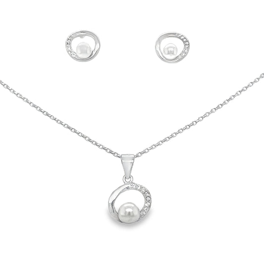 Sterling Silver Polished and CZ Open Circle Pearl Earring and Pendant Set