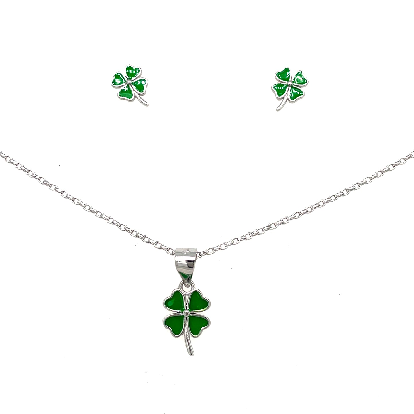 Sterling Silver Green Enamel Shamrock Pendant and Earring Set