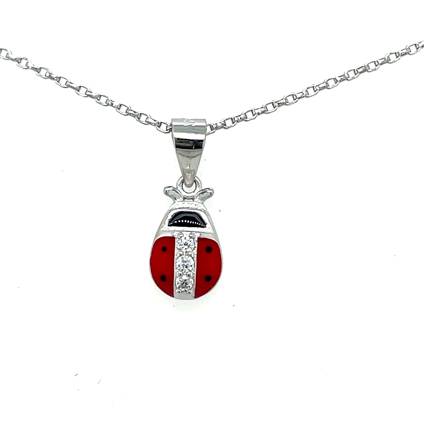Sterling Silver CZ and Red Enamel Ladybird Pendant and Earring Set