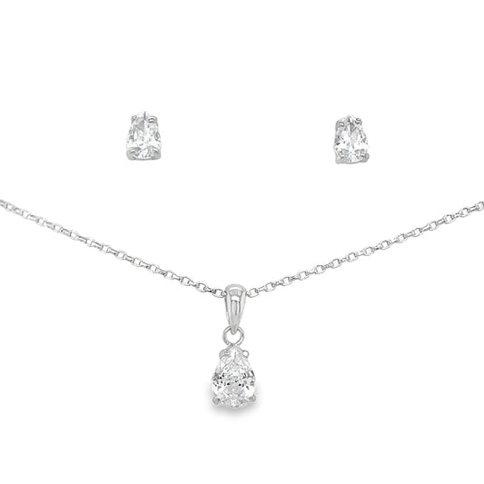 Sterling Silver Pear Solitaire Pendant and Earring Set