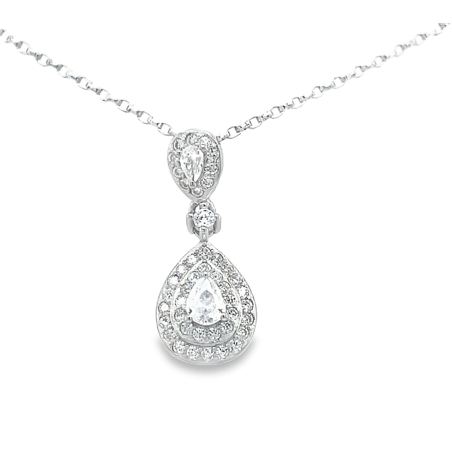 Sterling Silver Double Pear CZ Halo Drop Pendant and Earring Set