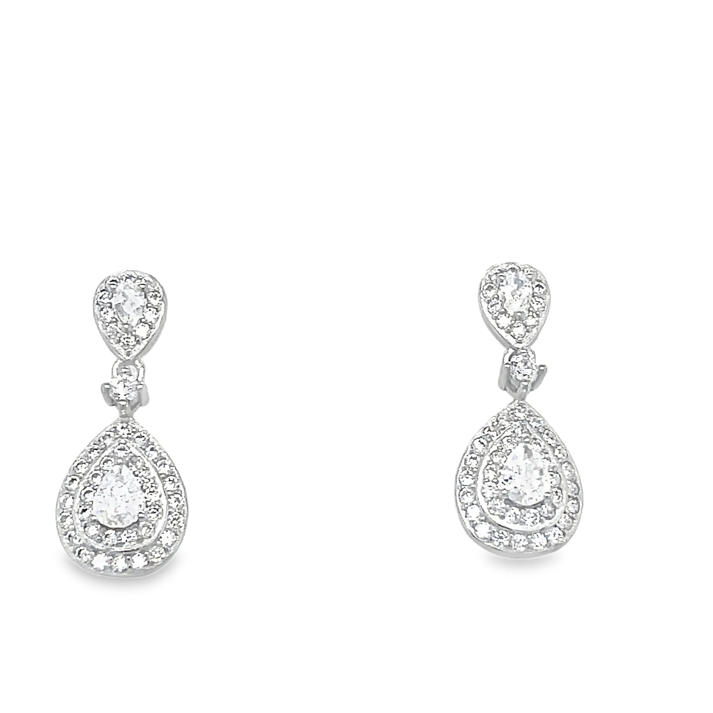 Sterling Silver Double Pear CZ Halo Drop Pendant and Earring Set