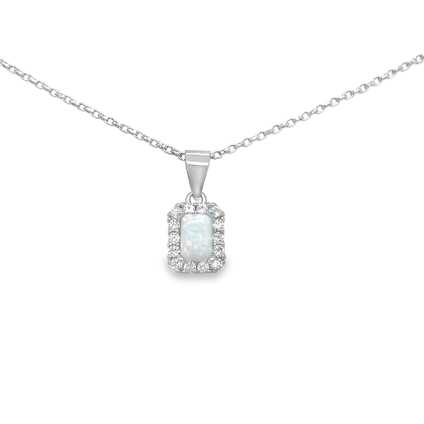 Sterling Silver Emerald Cut Opal and CZ Halo Pendant and Earring Set