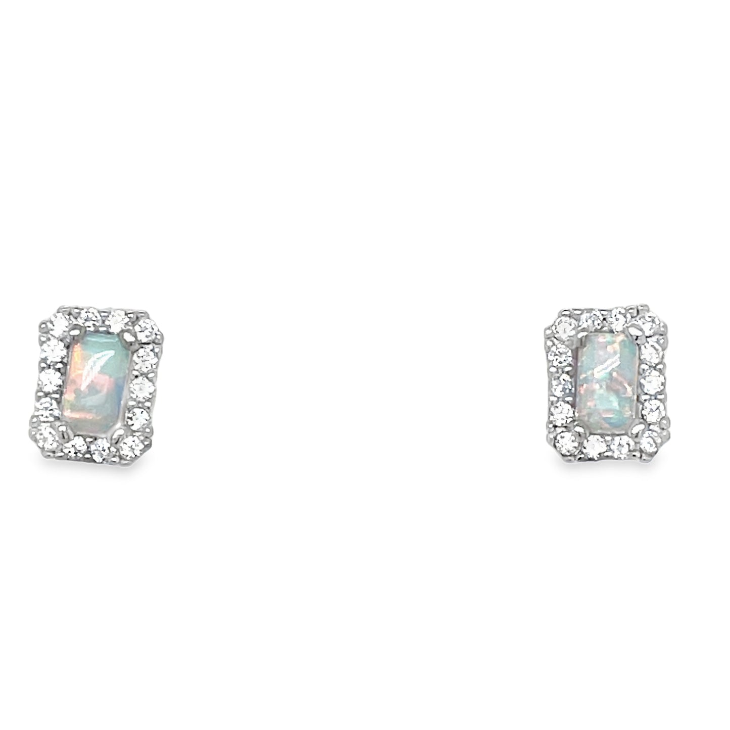 Sterling Silver Emerald Cut Opal and CZ Halo Pendant and Earring Set