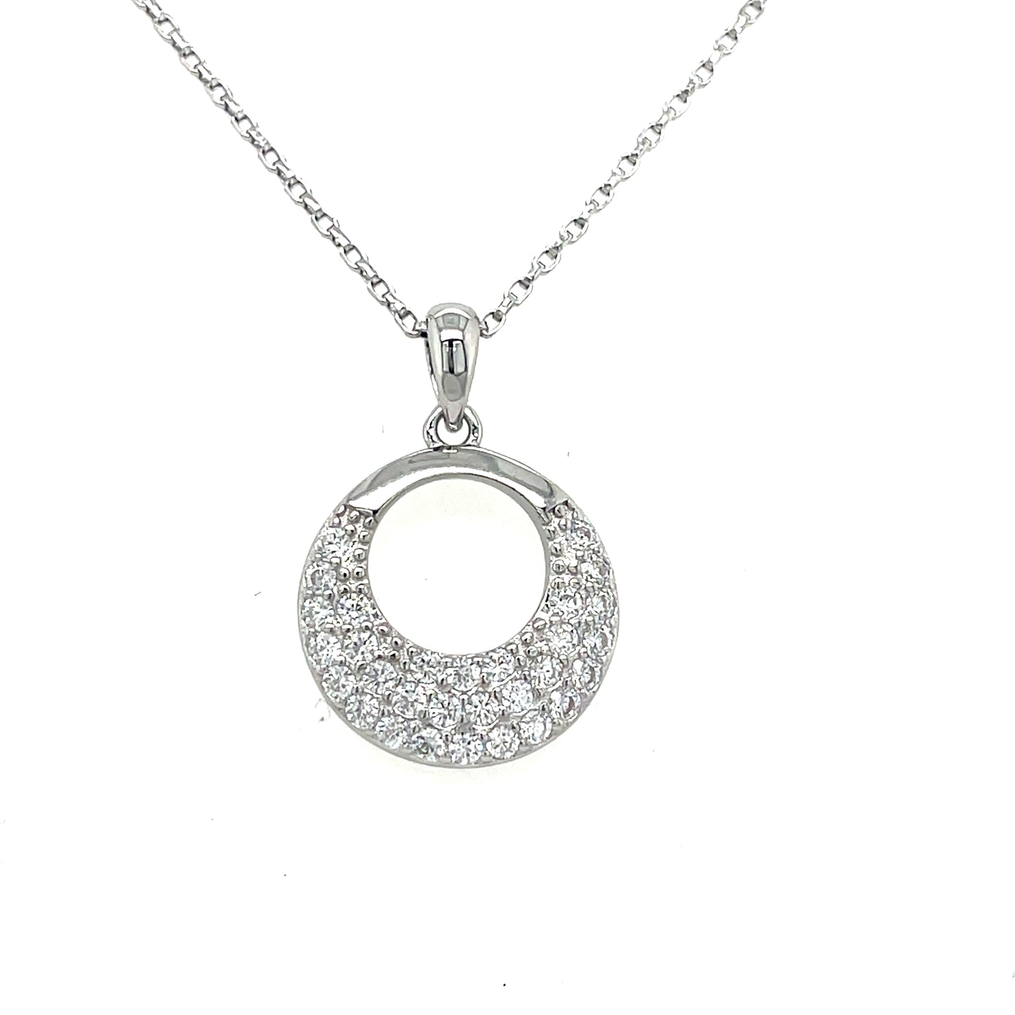 Sterling Silver Open Polished and CZ Circle Pendant and Earring Set
