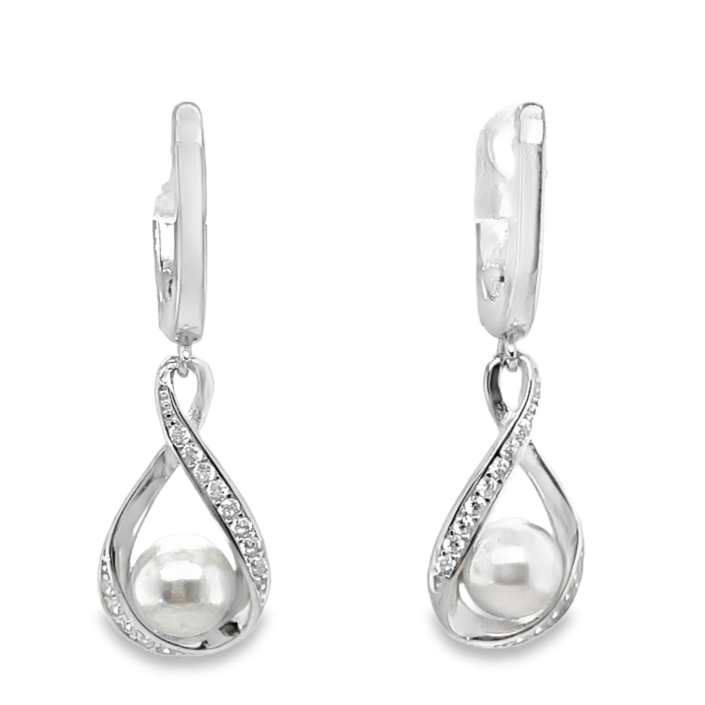 Sterling Silver Open Twist CZ and Pearl Centre Pendant and Earring Set