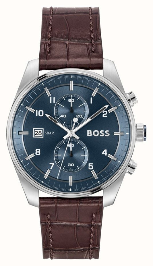 Gents Hugo Boss Sky Traveller Blue Dial Brown Strap Watch