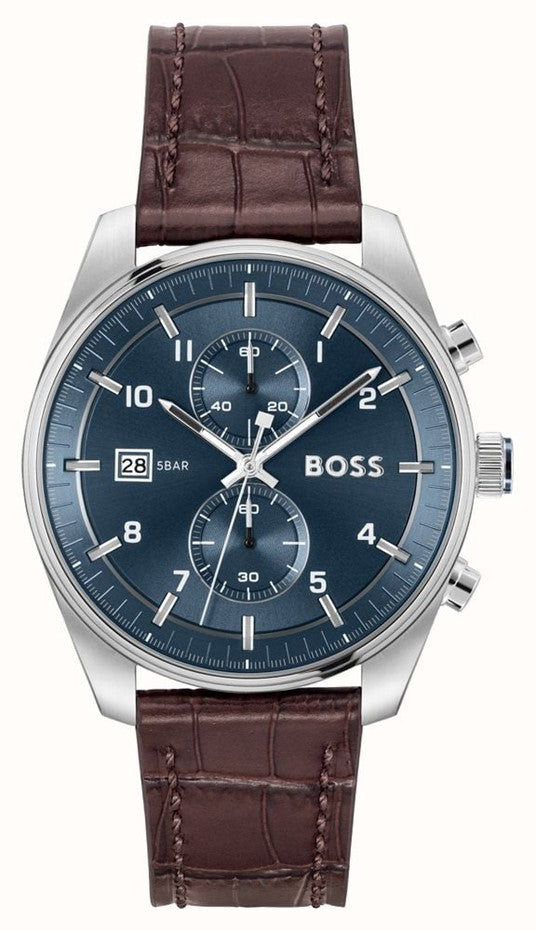 Gents Hugo Boss Sky Traveller Blue Dial Brown Strap Watch