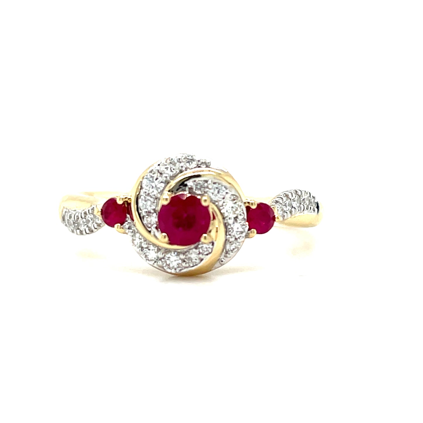 9ct Yellow Gold Ruby and Diamond Swirl Ring .22ct
