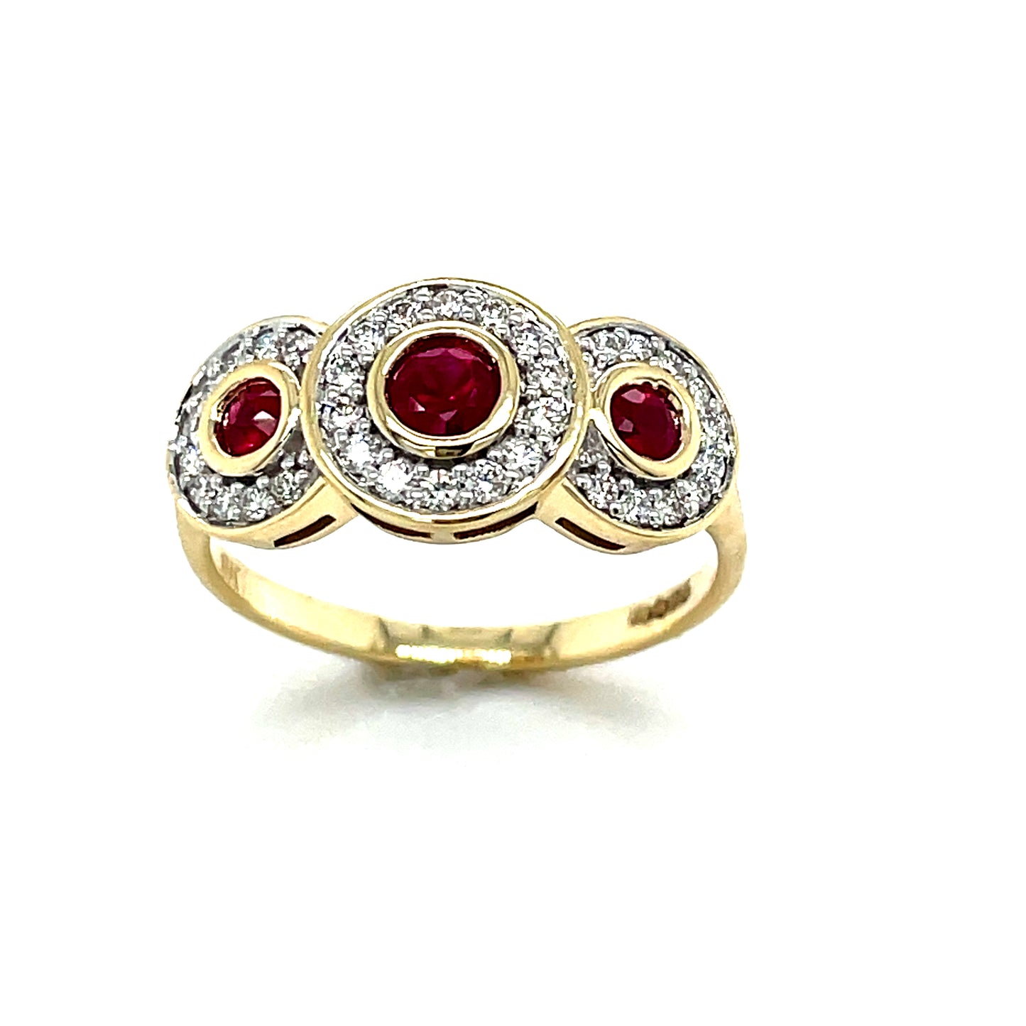 9ct Yellow Gold Three Stone Rubover Set Ruby and Diamond Cluster Ring .25ct