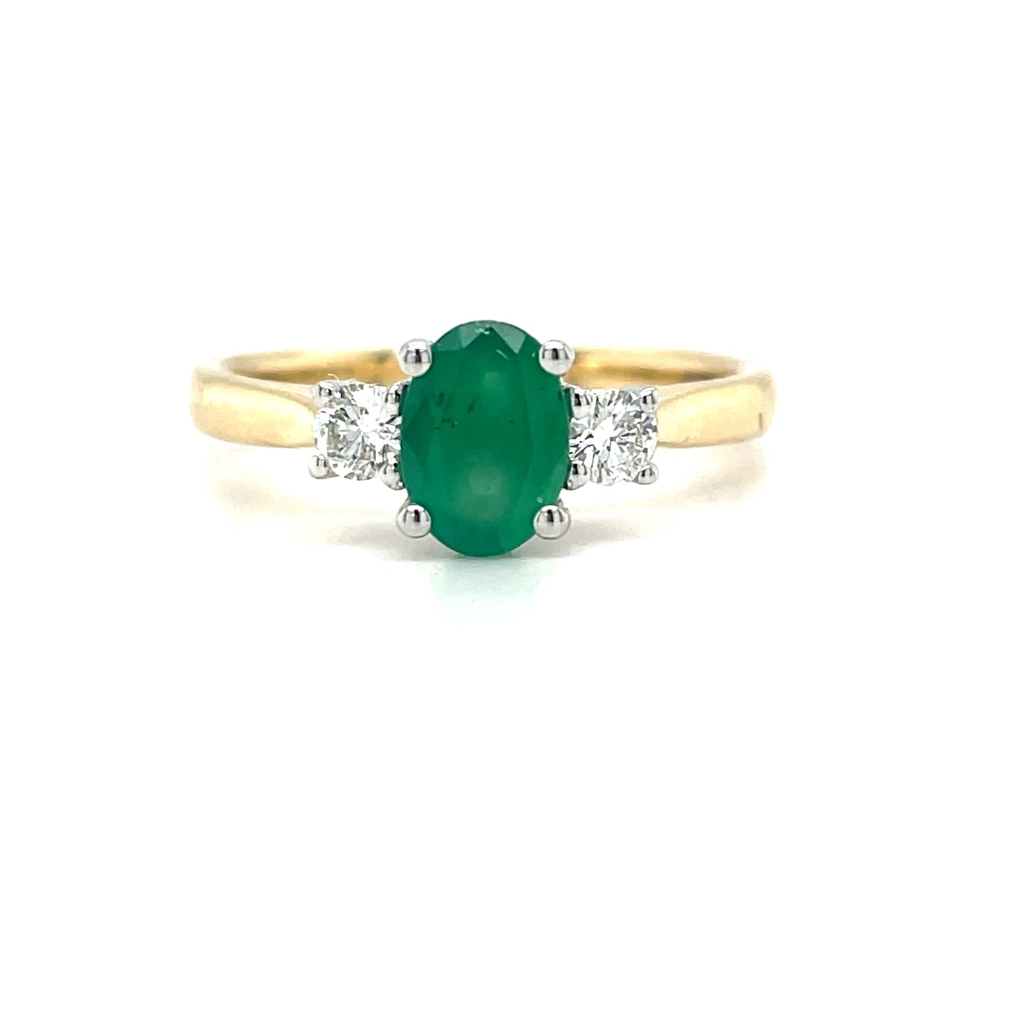 9ct Yellow Gold Oval Emerald Ring with Round Diamond Shoulders .68ct .18ct