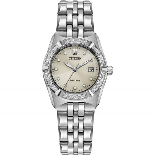 Ladies Stainless Steel Citizen Corso Taupe Dial with Diamond Bezel Eco-Drive