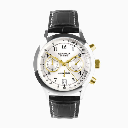 Gents Stainless Steel Sekonda Archer Chronograph With Rolled Gold Buttons & Hands