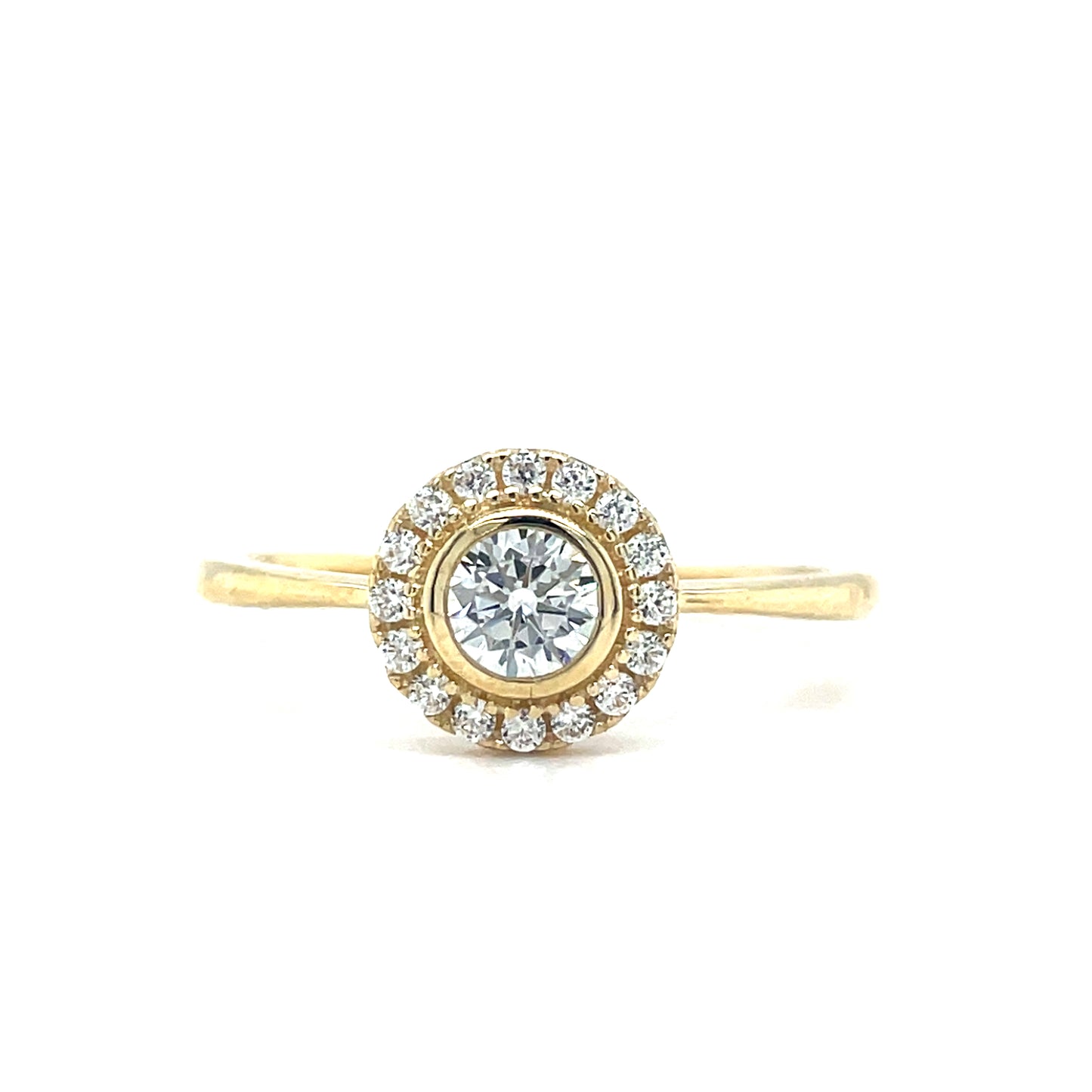 9ct Cubic Zirconia Rubover Round Halo Ring