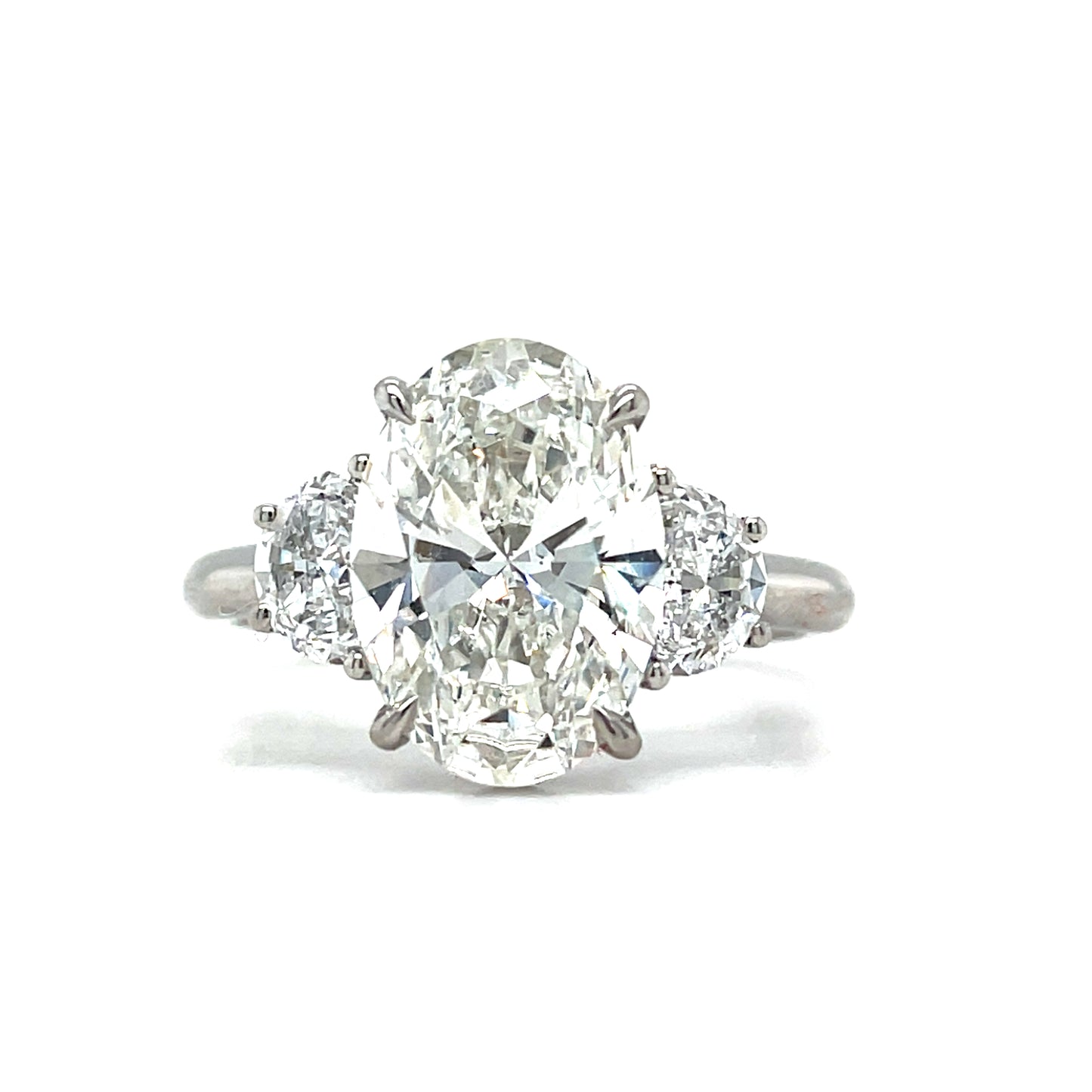Platinum Three Stone Oval and Demilune Shoulder Cultured Diamond Ring 3.52ct