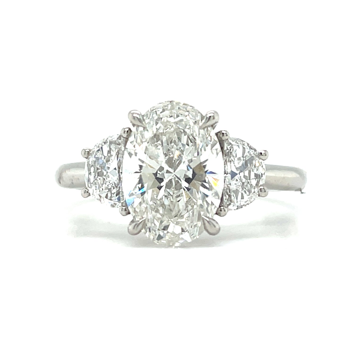Platinum Three Stone Oval and Demilune Shoulder Cultured Diamond Ring 2.54ct