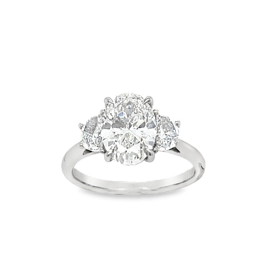 Platinum Three Stone Oval and Demilune Shoulder Cultured Diamond Ring 2.54ct