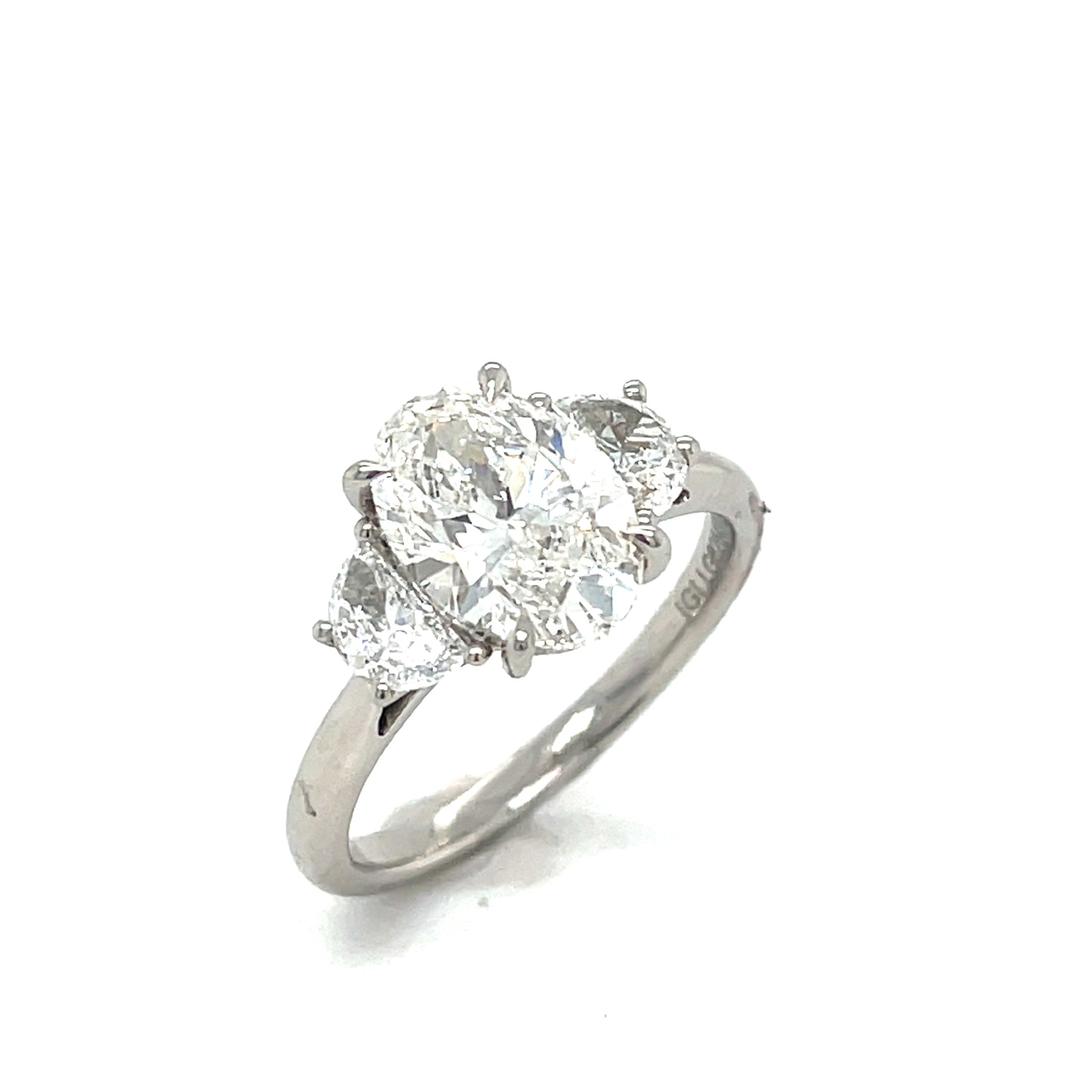 Platinum Three Stone Oval and Demilune Shoulder Cultured Diamond Ring 2.54ct