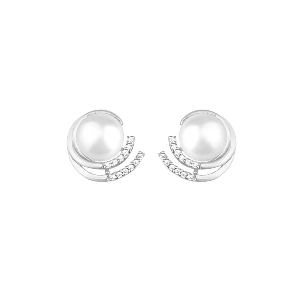 Sterling Silver 9mm Freshwater Pearl/Cubic Zirconia Swirl Earring