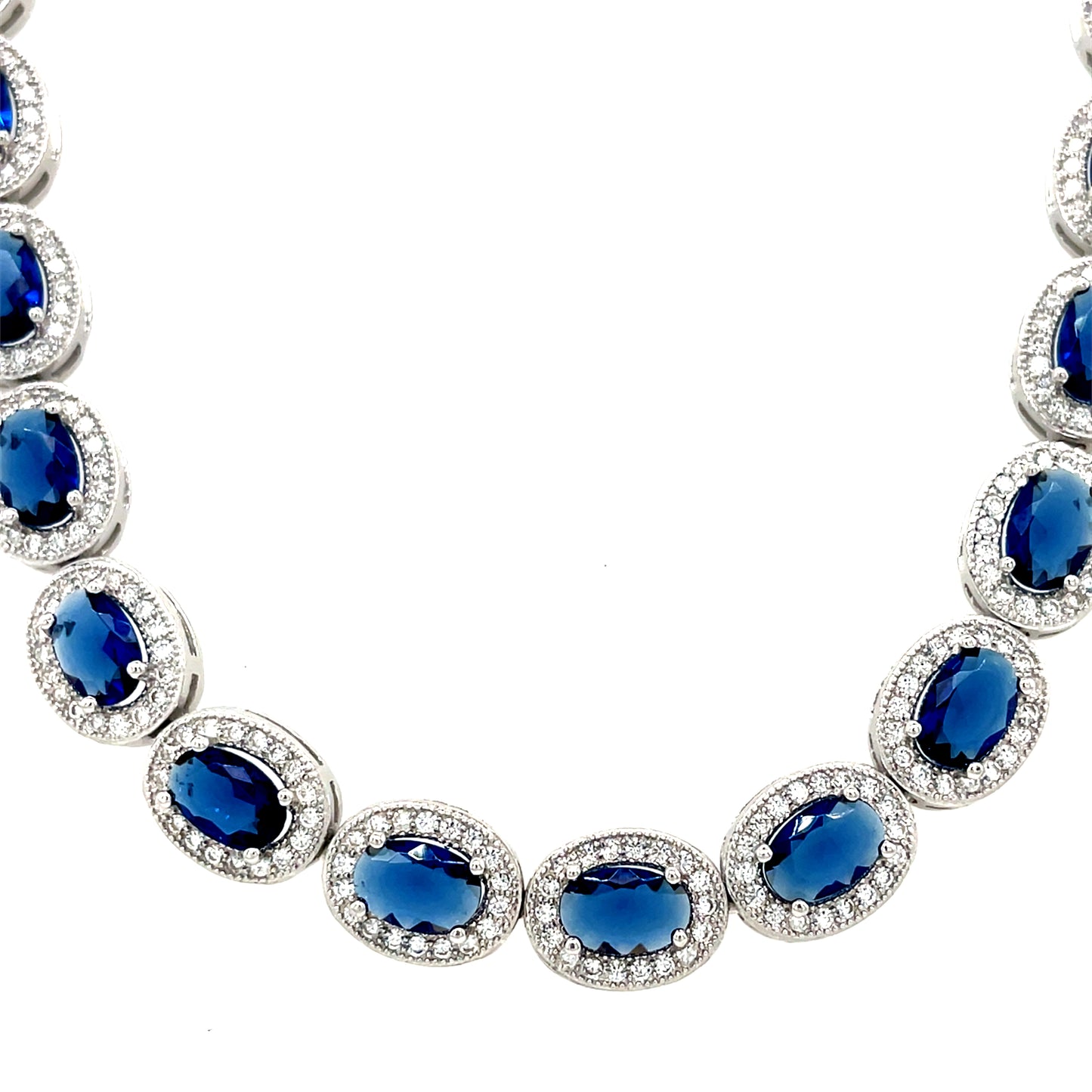 Sterling Silver Oval Blue and White CZ Cluster Tennis Necklet