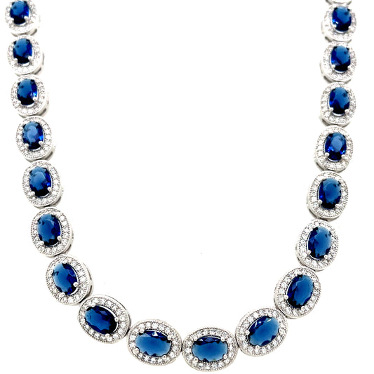 Sterling Silver Oval Blue and White CZ Cluster Tennis Necklet