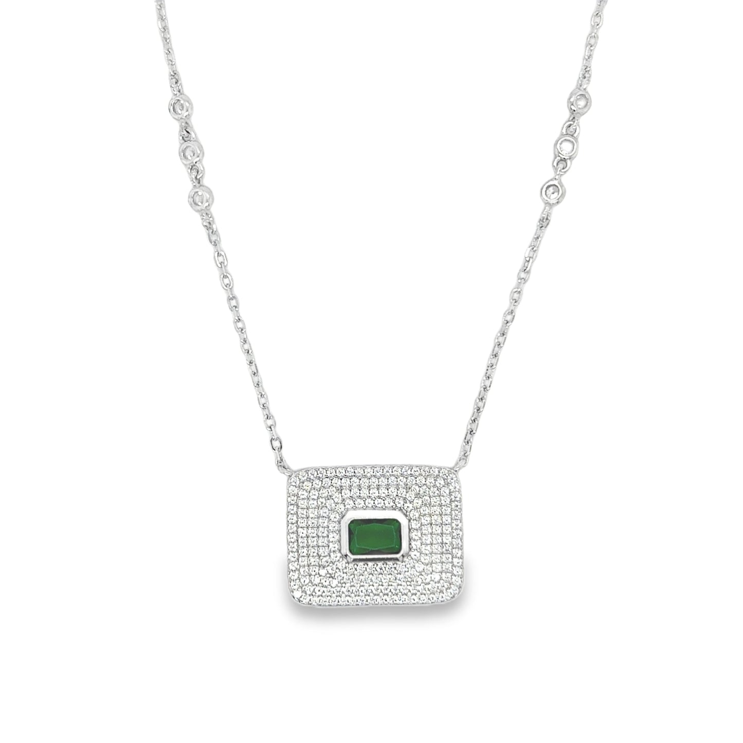 Sterling Silver Pave CZ Rectangular Pendant with Green CZ Centre