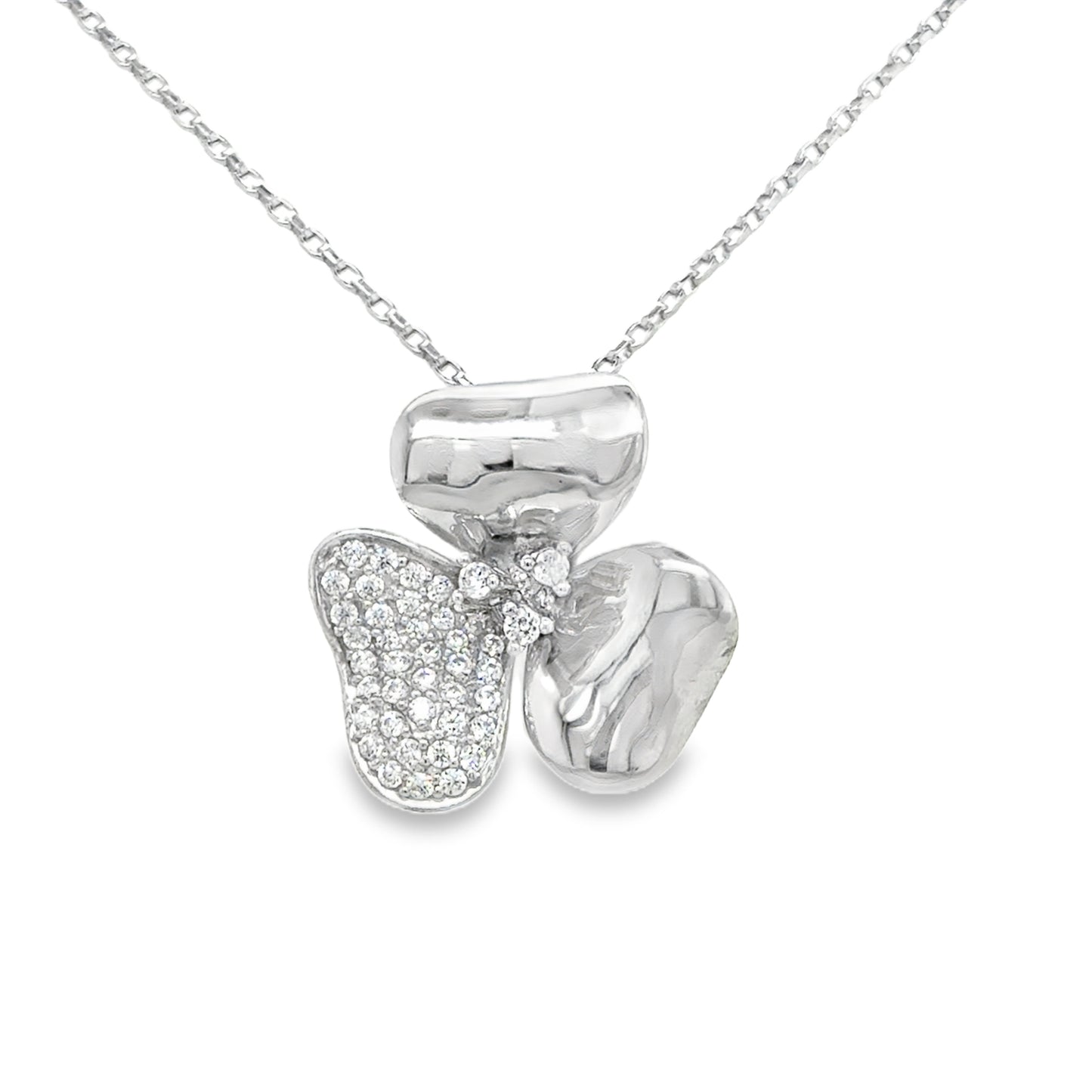 Sterling Silver Pave CZ and Polished Flower Pendant