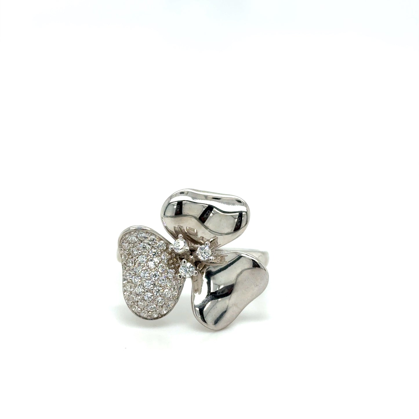Sterling Silver Pave CZ and Polished Flower Ring