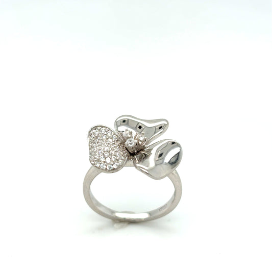 Sterling Silver Pave CZ and Polished Flower Ring