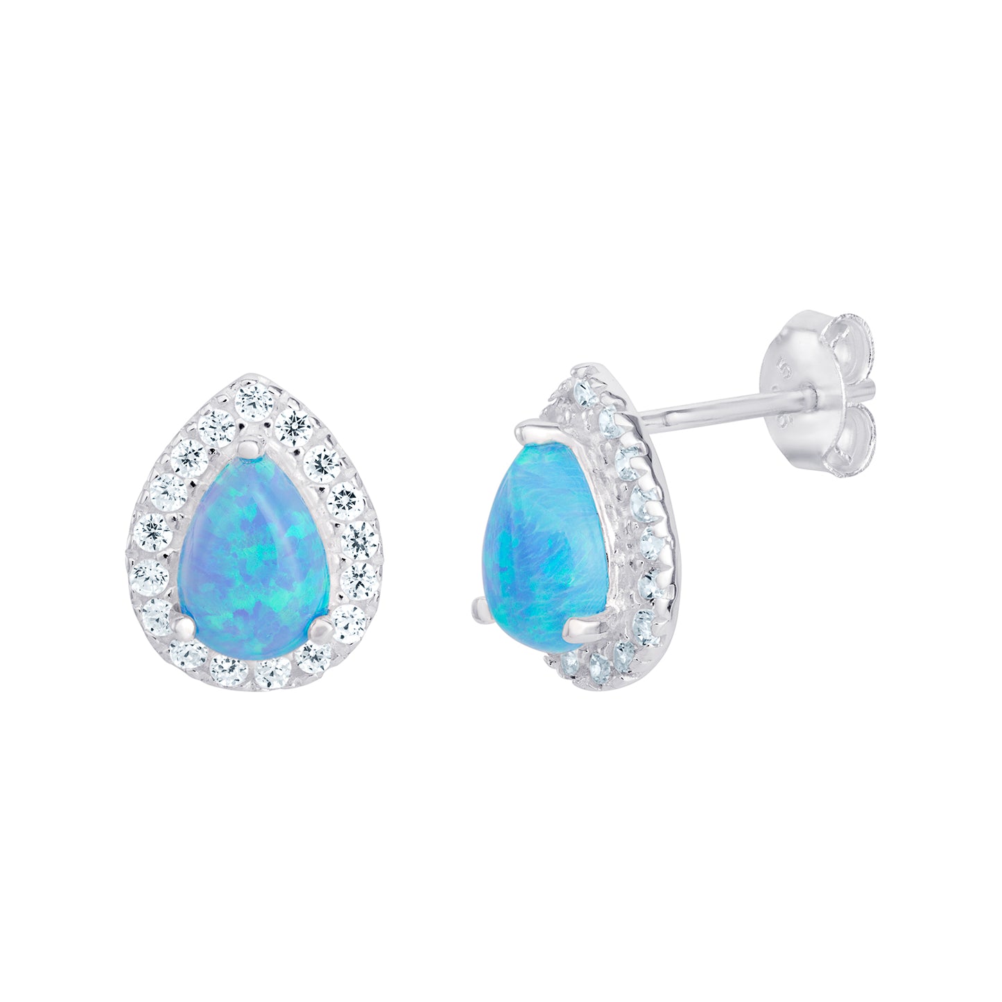 Sterling Silver CZ and Blue Opal Pear Halo Earrings
