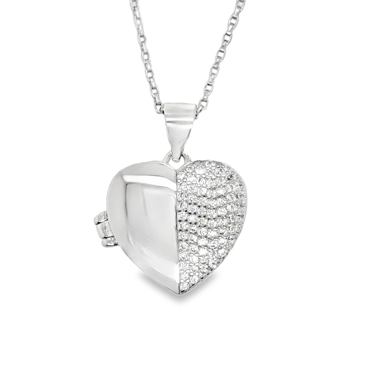 Sterling Silver CZ & Polished Split Heart Locket