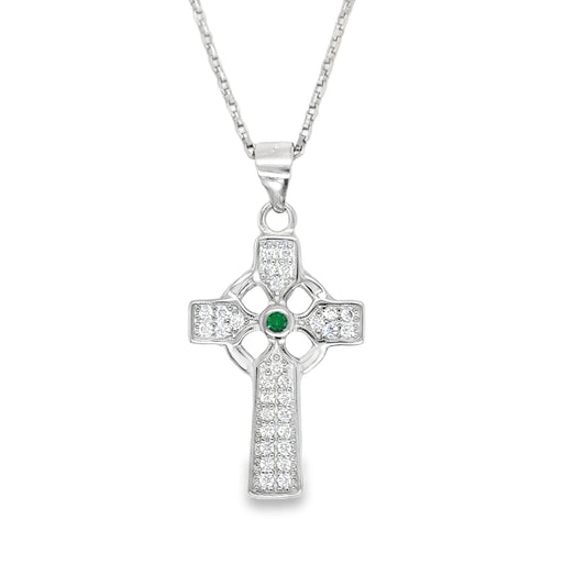 Sterling Silver CZ Celtic Cross Pendant With Green Centre Stone