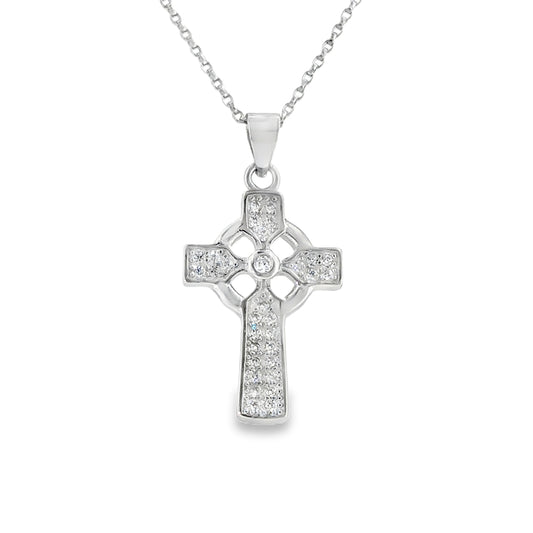 Sterling Silver CZ Celtic Cross Pendant With Green Centre Stone