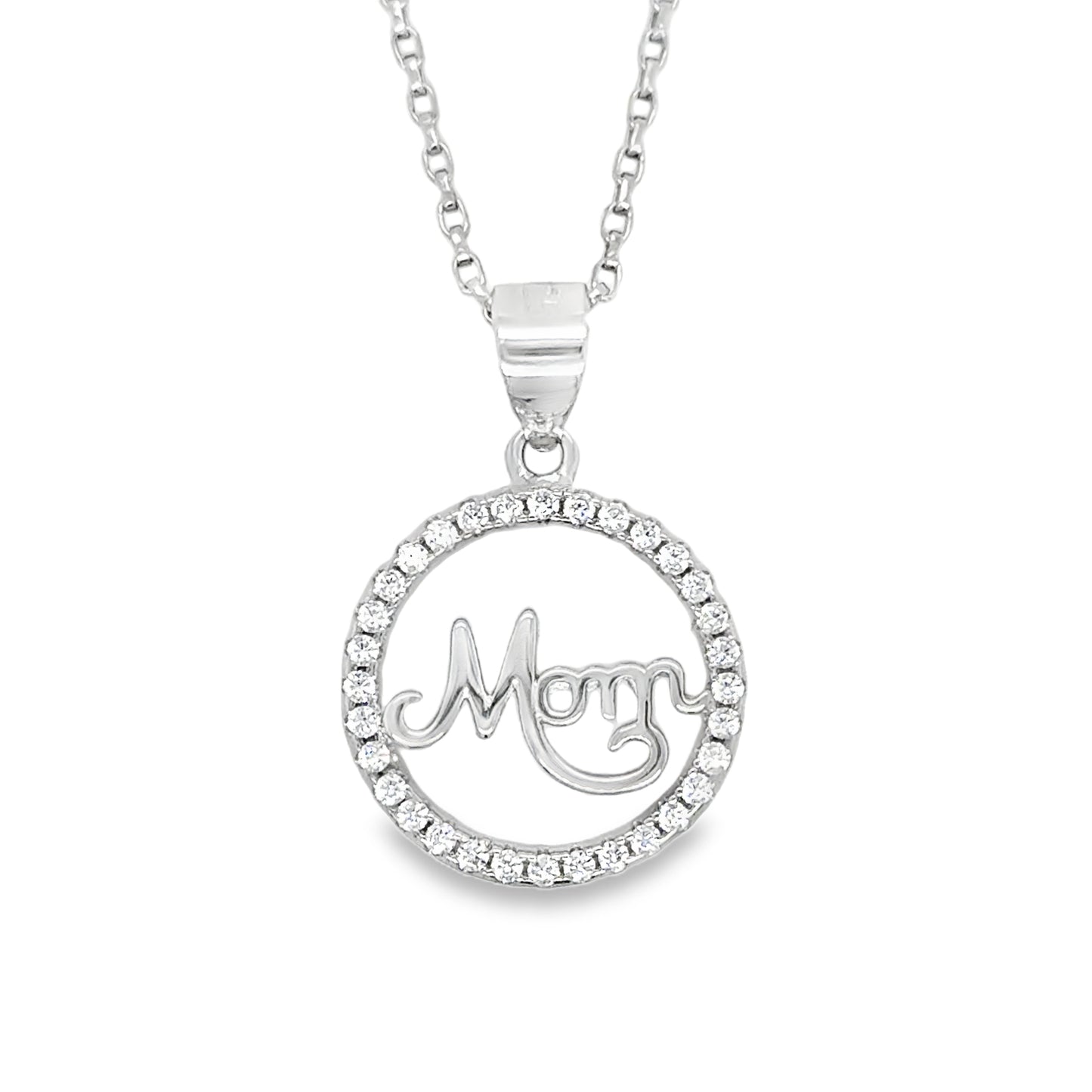 Sterling Silver CZ 'Mom' Circle Pendant