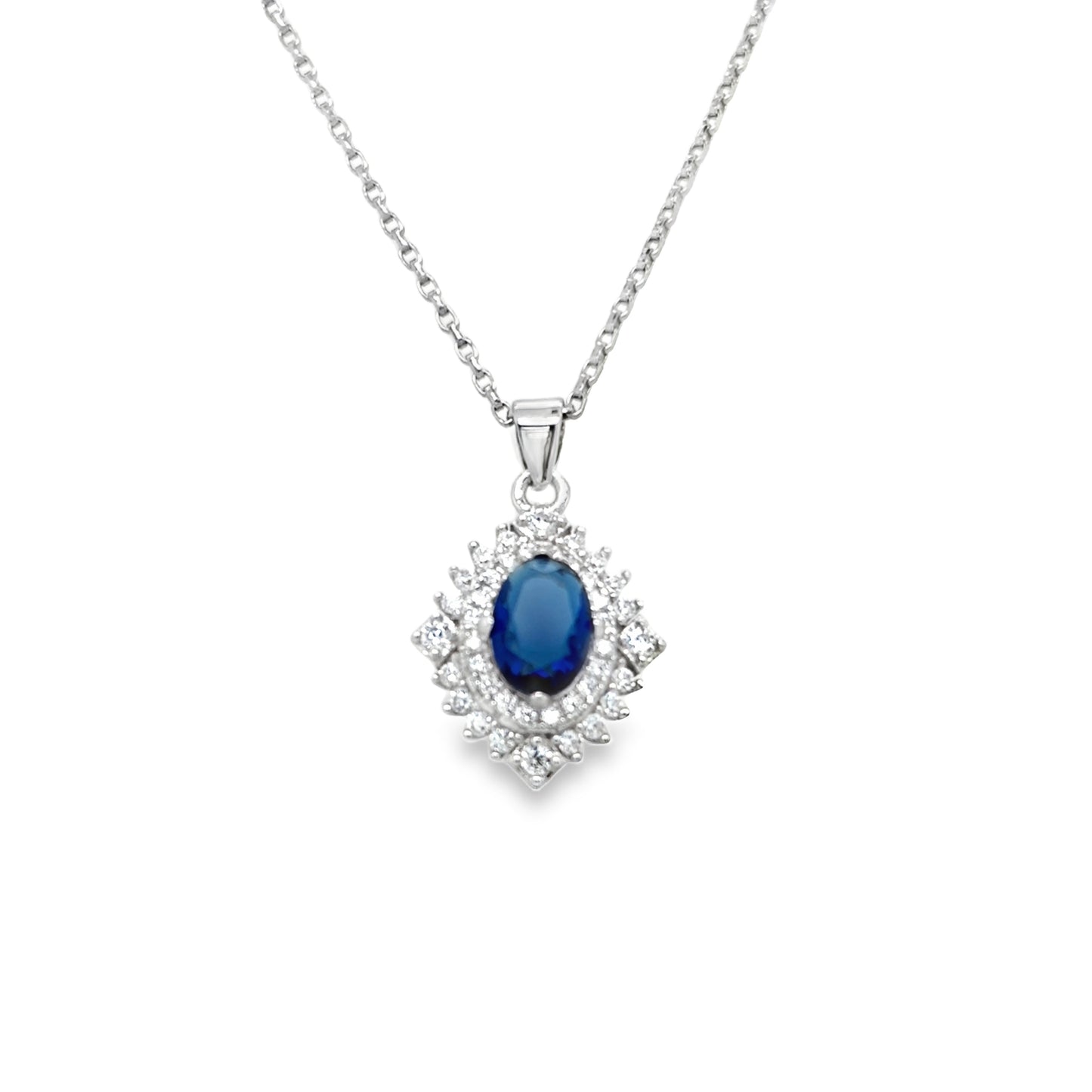 Sterling Silver CZ Oval Blue Antioque Style Pendant And Earring Set