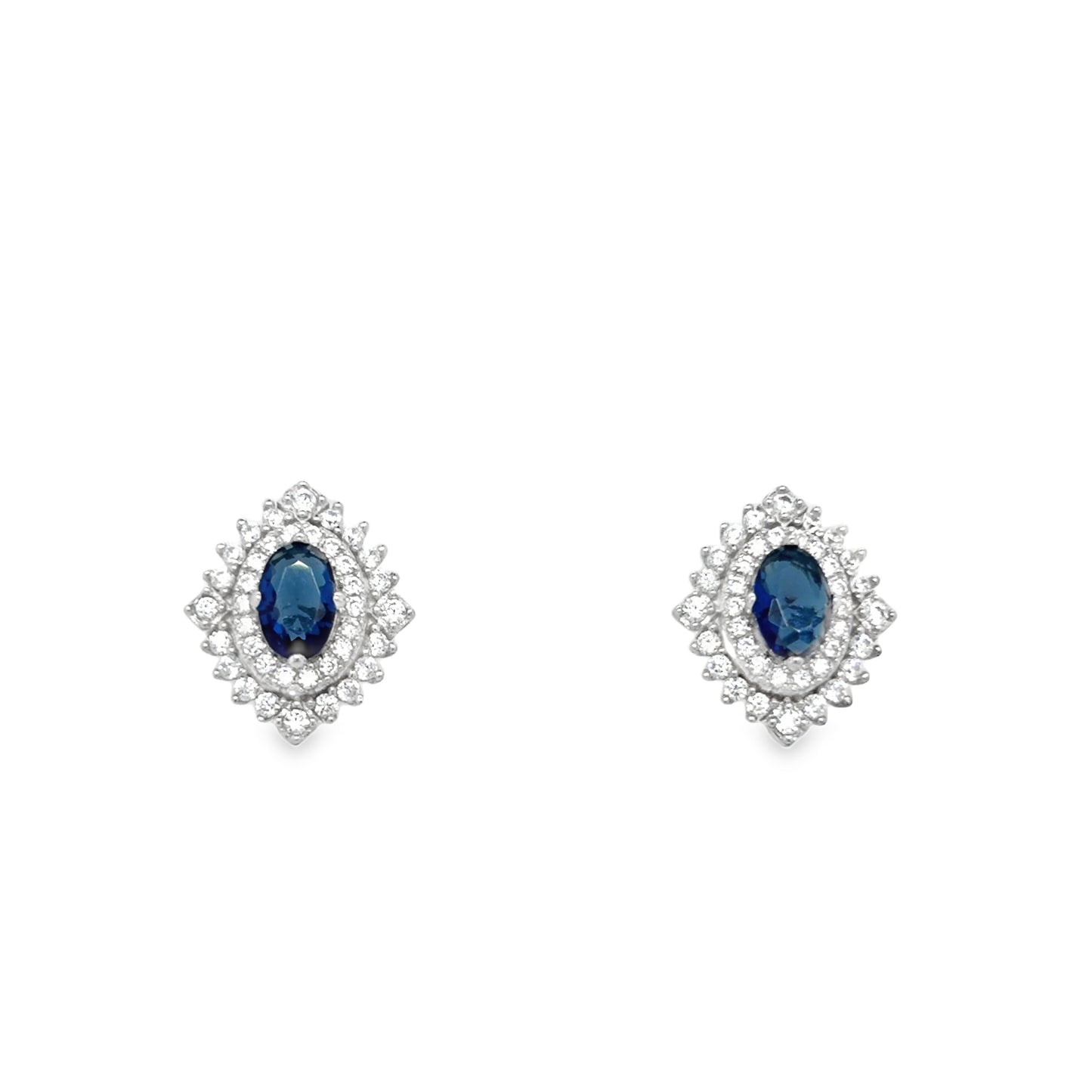 Sterling Silver CZ Oval Blue Antioque Style Pendant And Earring Set
