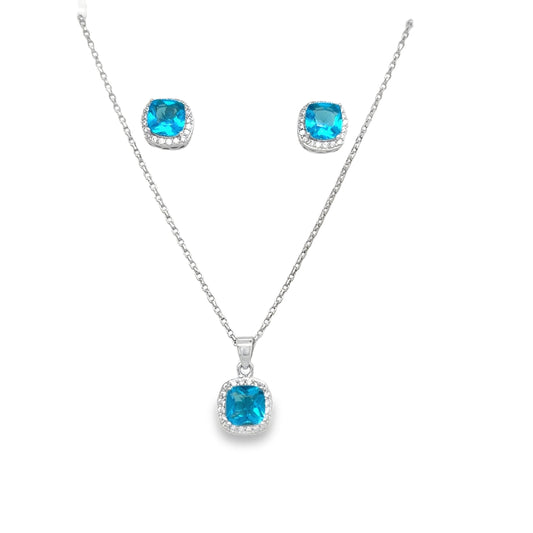 Sterling Silver Cubic Zirconia Square Halo Pendant And Earring Set
