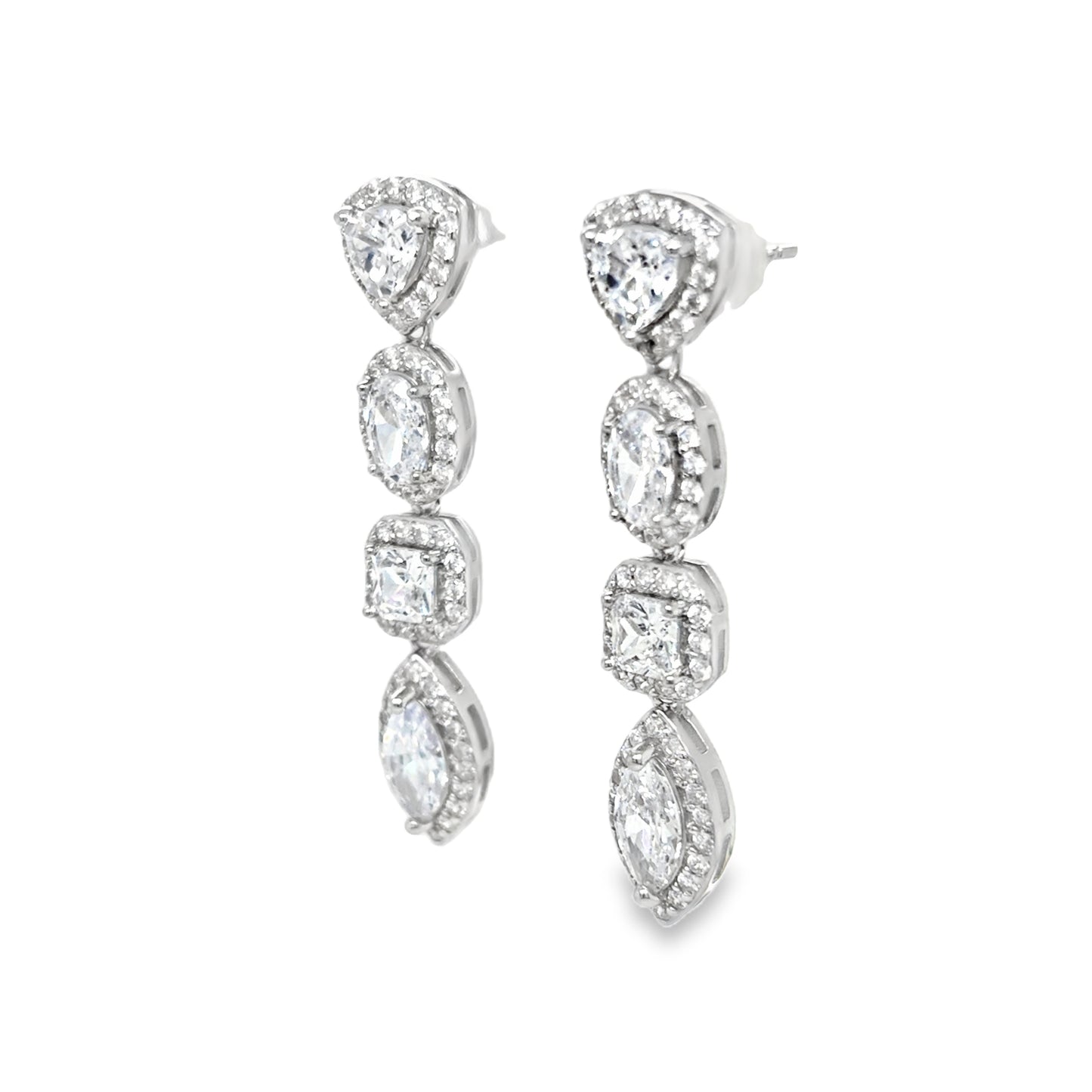 Sterling Silver CZ Multi Shape Halo Drop Earrings