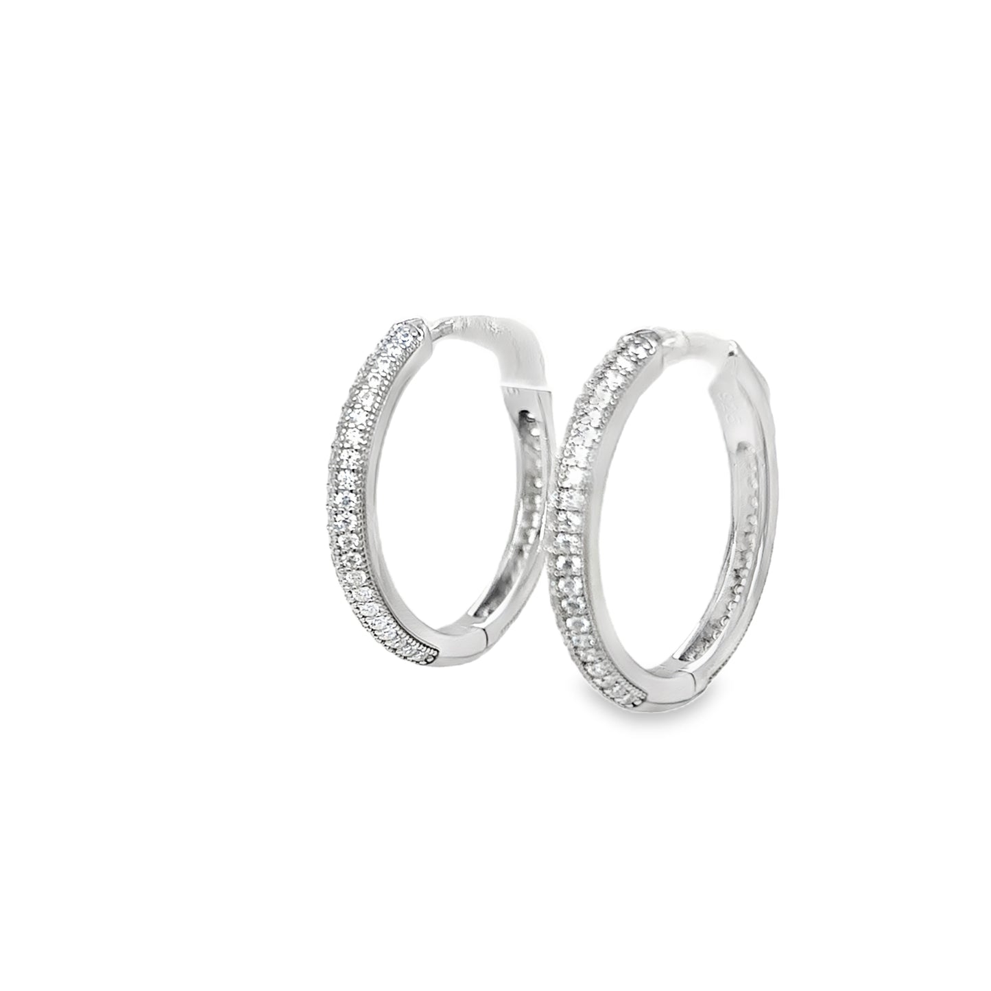 Sterling Silver CZ Double Row Millgrain 25mm Hoop Earrings