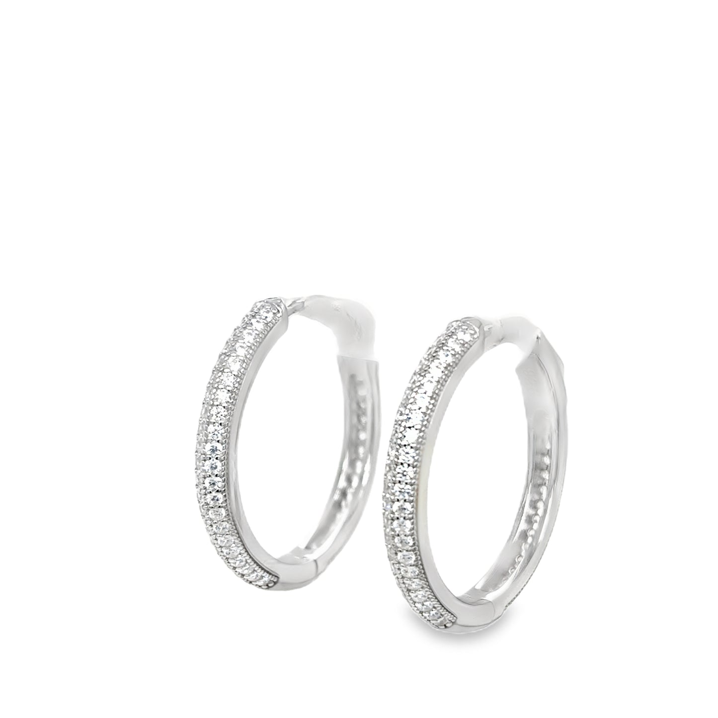 Sterling Silver CZ Double Row Millgrain 25mm Hoop Earrings