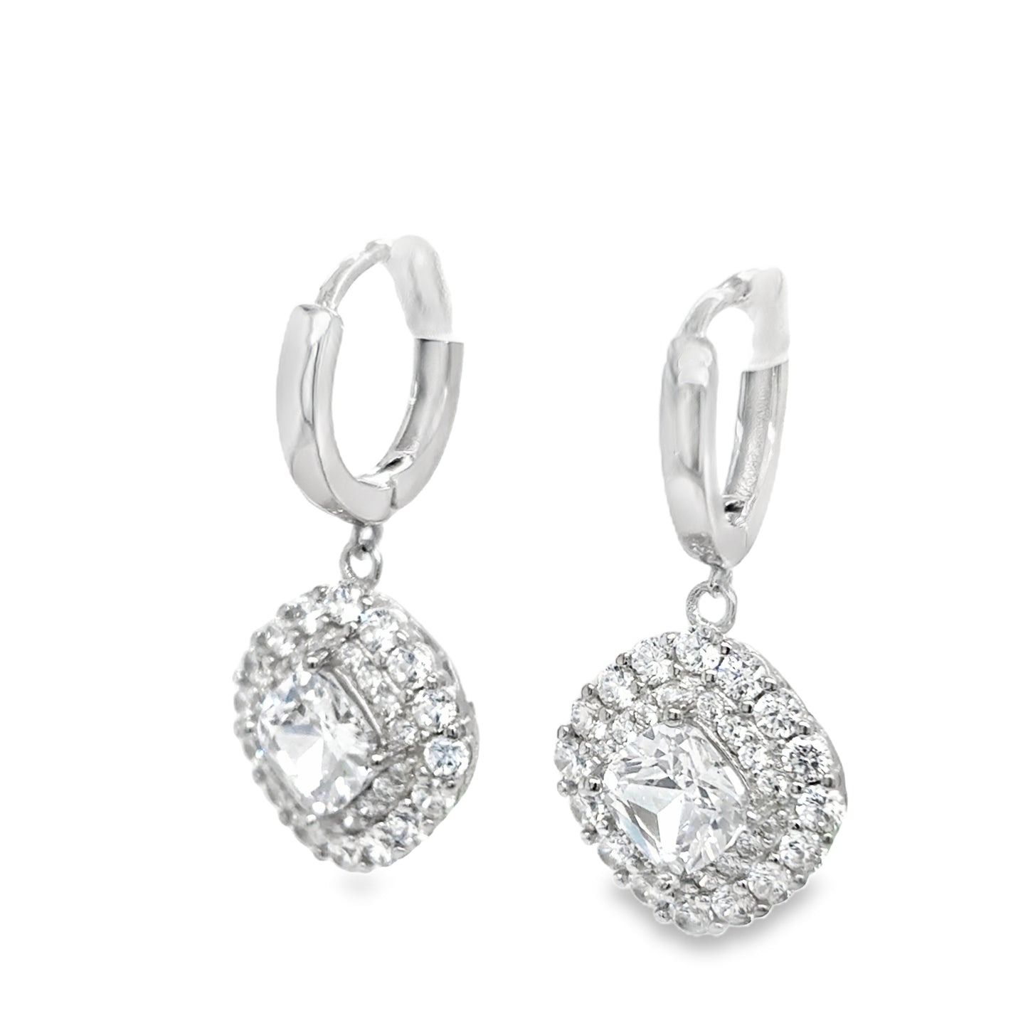 Sterling Silver CZ Square Double Halo Drop Earrings