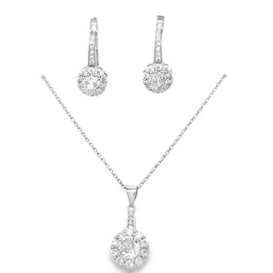 Sterling Silver Cubic Zirconia Flower Cluster Pendant And Earring Set