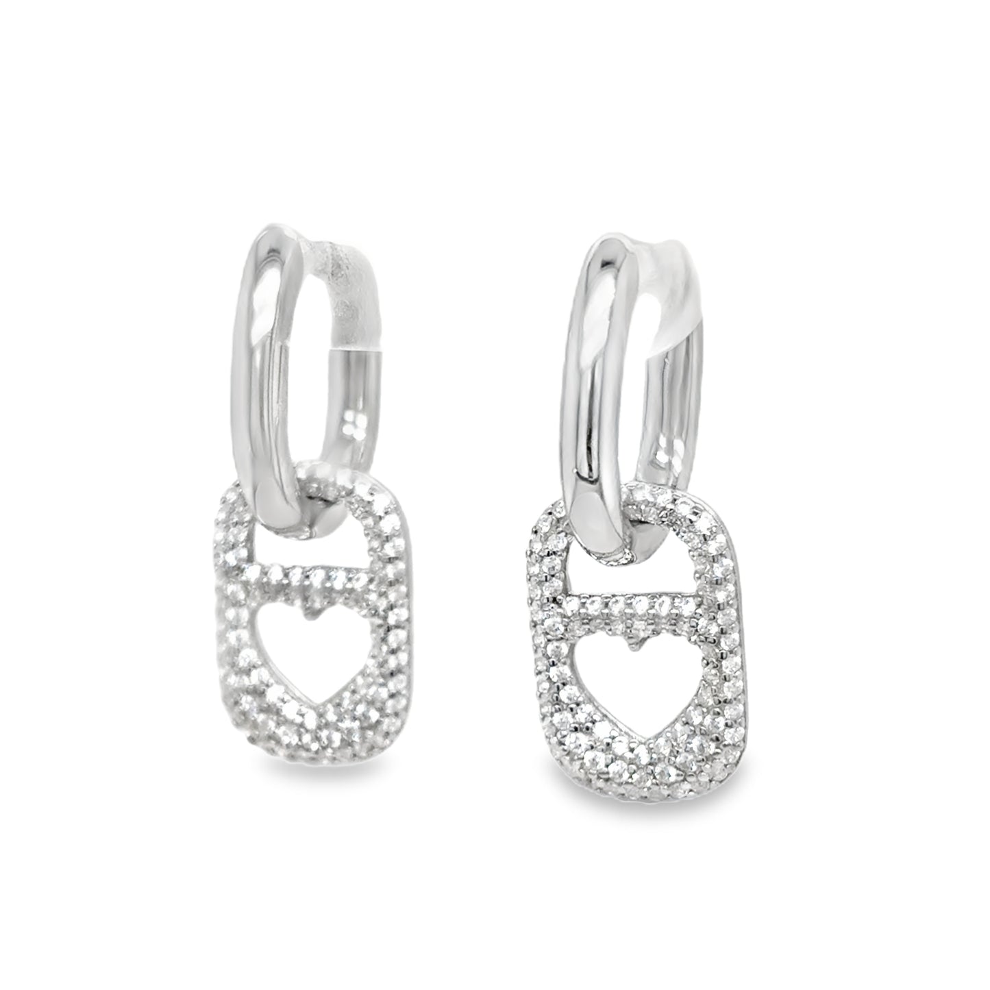 Sterling Silver CZ Pave Heart Tab Drop Earrings