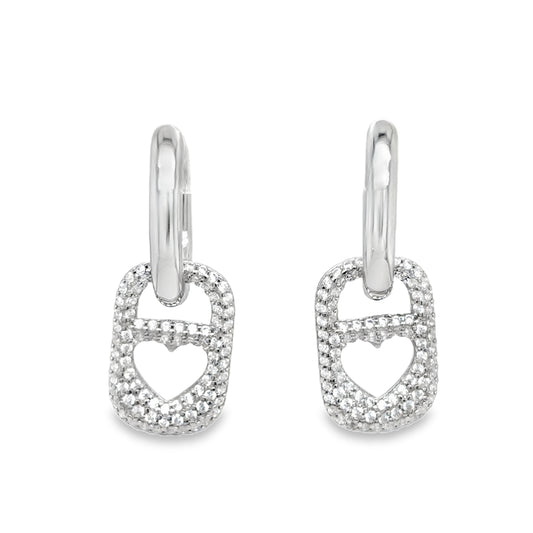 Sterling Silver CZ Pave Heart Tab Drop Earrings