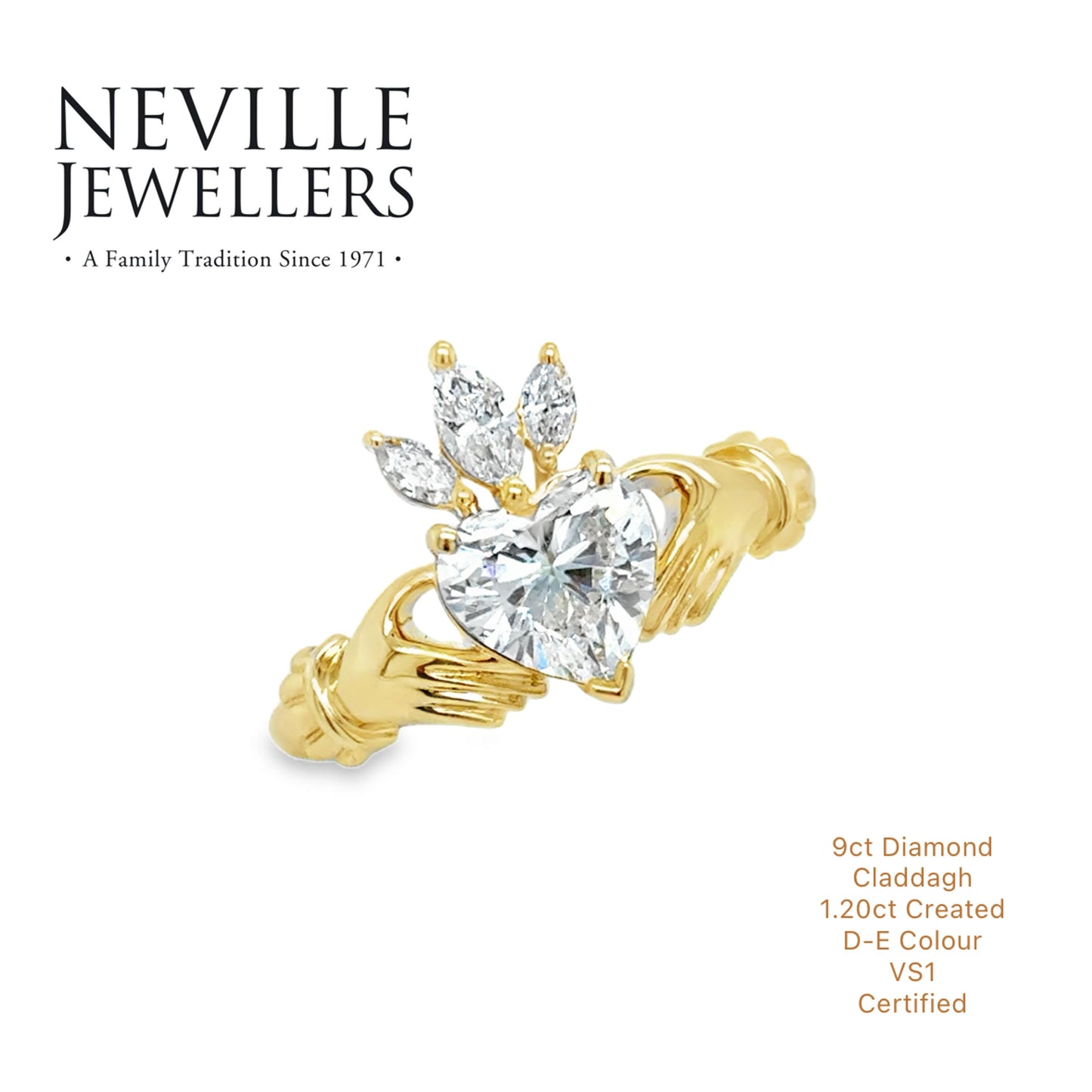 9ct Yellow Gold Cultured Diamond Set Claddagh Ring 1.20ct