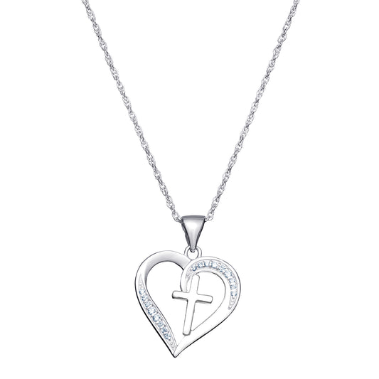 Sterling Silver CZ Heart With Cross Centre